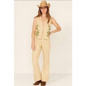 60's Vintage Prior Western Vest Pant Set Cowgirl Embroidered Yellow Bootcut